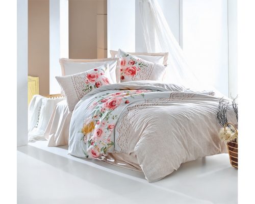 Lenjerie De Pat Cotton Box Rose, 100% bumbac ranforce, pentru 2 persoane, alb/crem/rosu