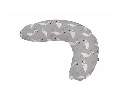 Perna Pentru Alaptat Bebeluca Flamingo Grey, fibre siliconice, husa microfibra detasabila, lavabila, alb cu model