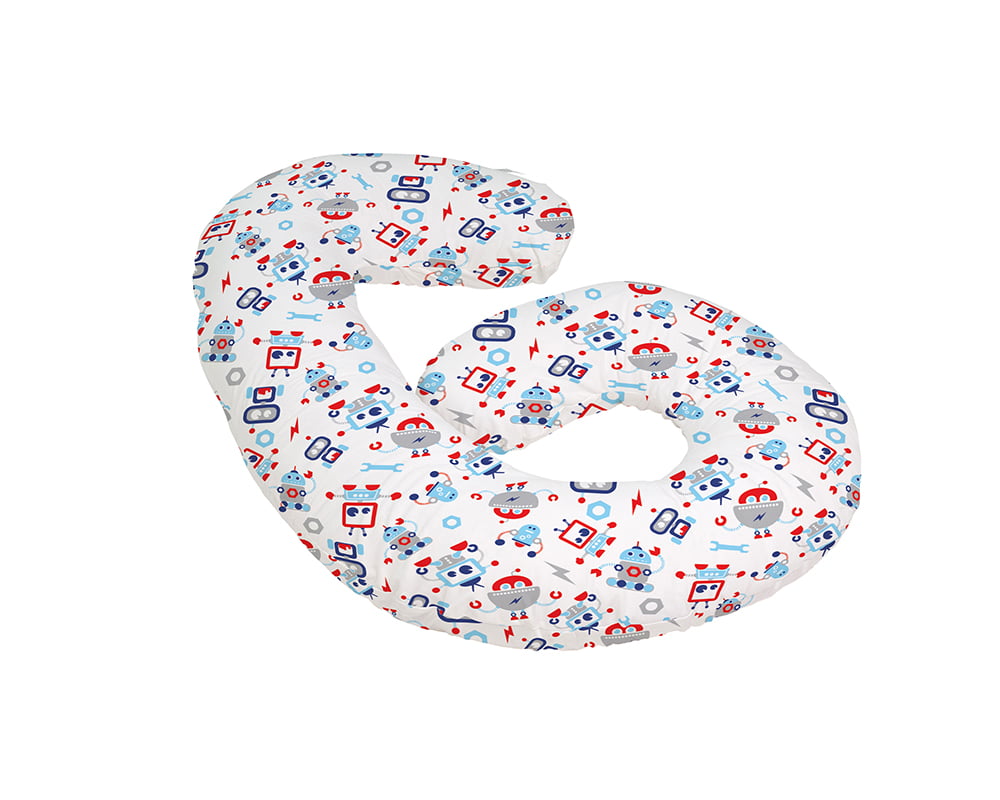 Perna Gravide Bebeluca Robots, fibre siliconice, husa microfibra detasabila, lavabila, alb cu model