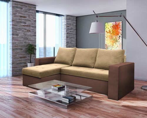 Coltar Extensibil Bedora Toledo 226x145x79 cm, lada de depozitare, reversibil, textil, piele ecologica, maro, crem 2