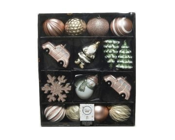 Cutie cu 25 Globuri Decoris Winter Mix, plastic, roz/verde