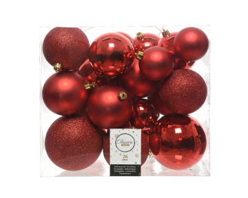 Cutie cu 26 Globuri Asortate Plain Mix Decoris, plastic, rosu