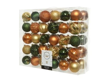 Cutie cu 60 Globuri Decoris Mix, plastic, auriu/verde