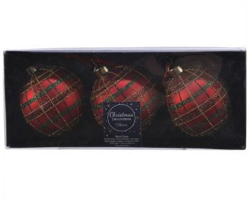 Set 3 Globuri Glitter Check Decoris, 8cm, sticla, rosu
